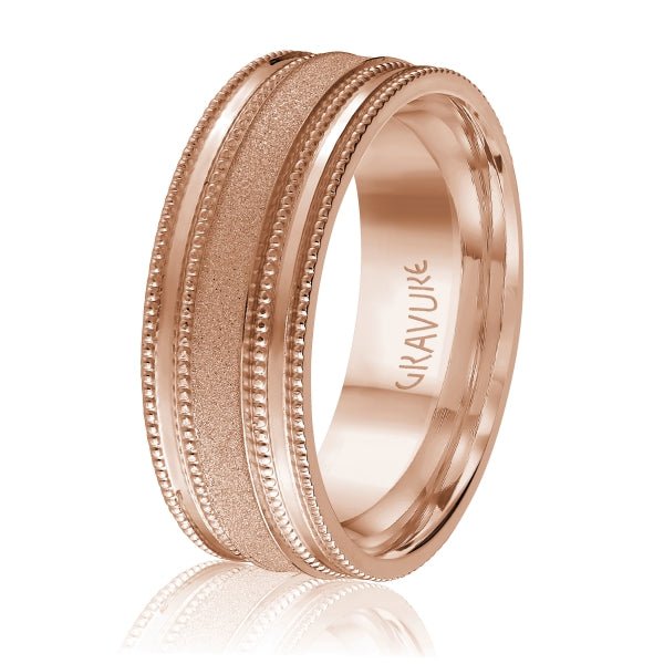 Men's 10K Gold Satin & Sandblast Finish Milgrain Band - Gold Bands with Designs - Design Jewellers Edmonton