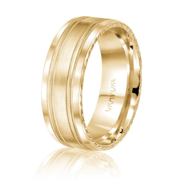 Men's 10K Gold Satin Stripe & Twisted Edge Band - Gold Bands with Designs - Design Jewellers Edmonton