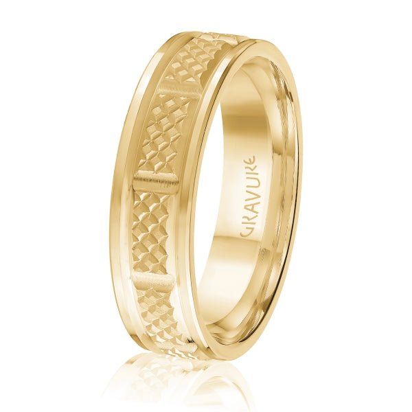 Men's 10K Gold Square Pattern & Segmented Edge Band - Gold Bands with Designs - Design Jewellers Edmonton