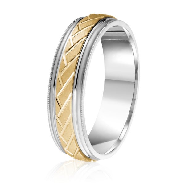 Men's 10K Gold Two - Tone Basketweave Pattern Milgrain Band - Gold Bands with Designs - Design Jewellers Edmonton