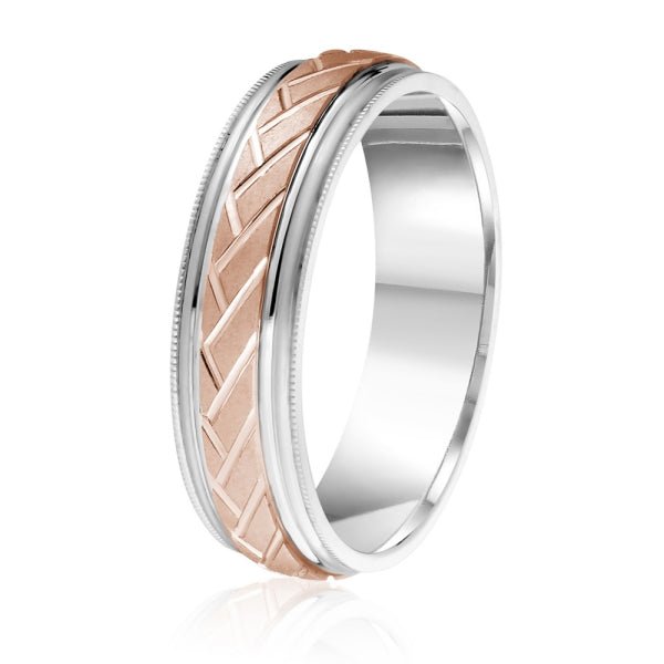 Men's 10K Gold Two - Tone Basketweave Pattern Milgrain Band - Gold Bands with Designs - Design Jewellers Edmonton