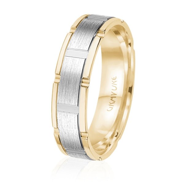 Men's 10K Gold Two - Tone Brushed Block Link Band - Gold Bands with Designs - Design Jewellers Edmonton
