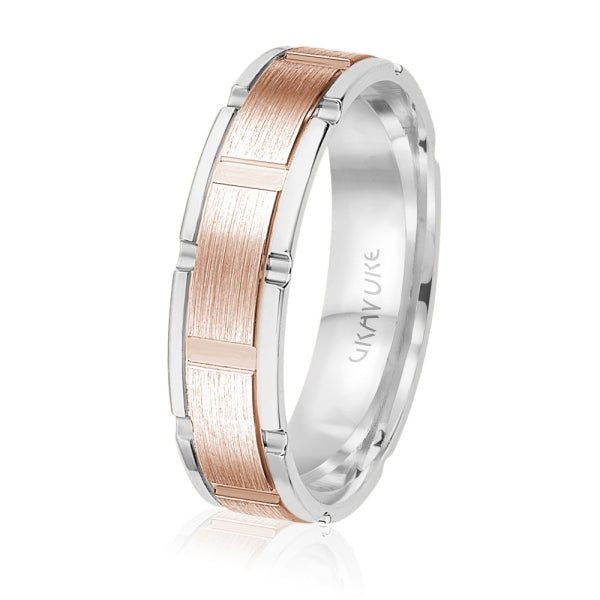 Men's 10K Gold Two - Tone Brushed Block Link Band - Gold Bands with Designs - Design Jewellers Edmonton