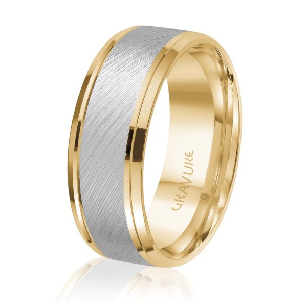 Men's 10K Gold Two - Tone Diagonal Brush Beveled Edge Band - Gold Bands with Designs - Design Jewellers Edmonton