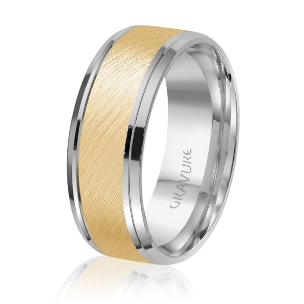 Men's 10K Gold Two - Tone Diagonal Brush Beveled Edge Band - Gold Bands with Designs - Design Jewellers Edmonton