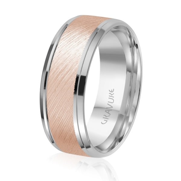Men's 10K Gold Two - Tone Diagonal Brush Beveled Edge Band - Gold Bands with Designs - Design Jewellers Edmonton