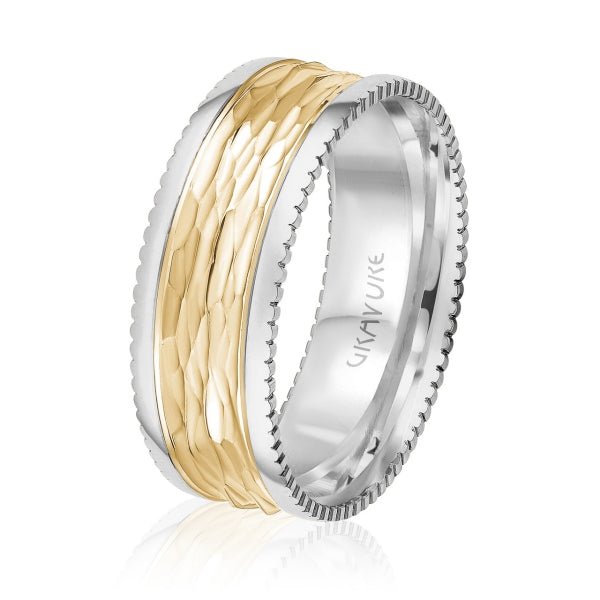 Men's 10K Gold Two - Tone Hammered Finish Coin Edge Band - Gold Bands with Designs - Design Jewellers Edmonton
