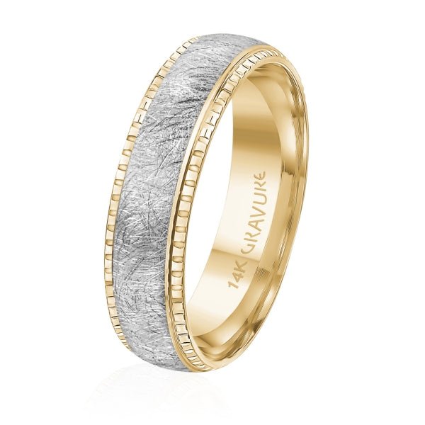 Men's 10K Gold Two - Tone Random Brush Texture & Segmented Edge Band - Gold Bands with Designs - Design Jewellers Edmonton