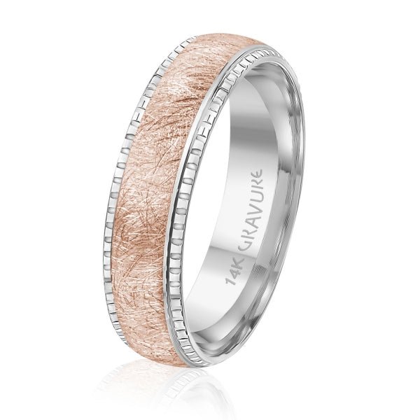 Men's 10K Gold Two - Tone Random Brush Texture & Segmented Edge Band - Gold Bands with Designs - Design Jewellers Edmonton