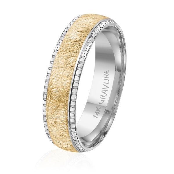 Men's 10K Gold Two - Tone Random Brush Texture & Segmented Edge Band - Gold Bands with Designs - Design Jewellers Edmonton