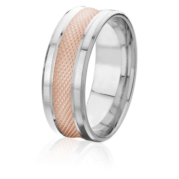 Men's 10K Gold Two - Tone Recessed Geometric Grid Pattern Band - Gold Bands with Designs - Design Jewellers Edmonton