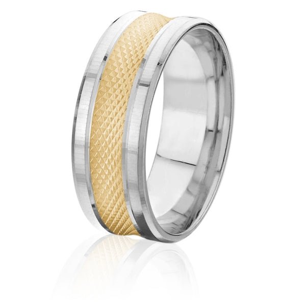 Men's 10K Gold Two - Tone Recessed Geometric Grid Pattern Band - Gold Bands with Designs - Design Jewellers Edmonton