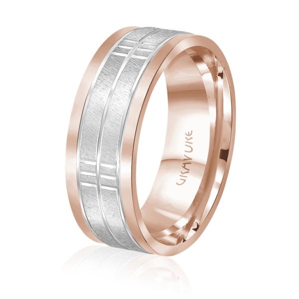 Men's 10K Gold Two - Tone Satin Finish Geometric Bar Pattern Band - Gold Bands with Designs - Design Jewellers Edmonton