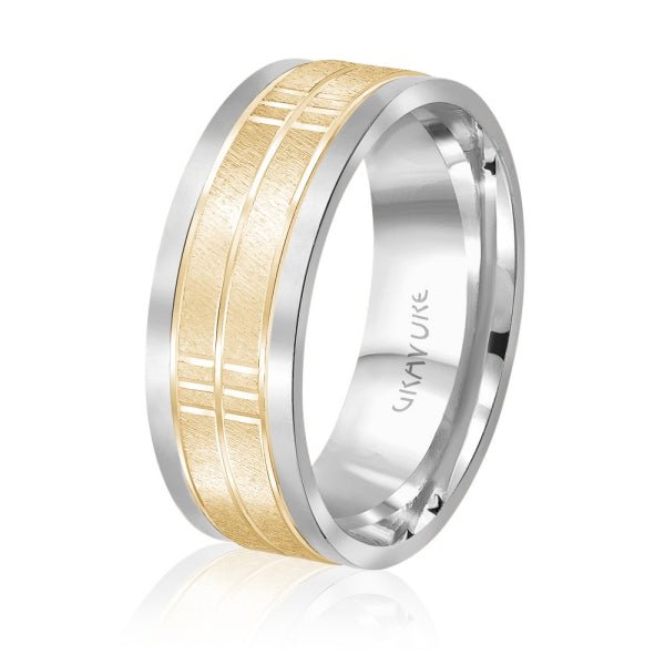 Men's 10K Gold Two - Tone Satin Finish Geometric Bar Pattern Band - Gold Bands with Designs - Design Jewellers Edmonton