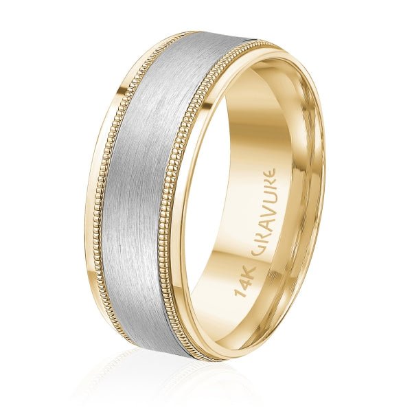 Men's 10K Gold Two - Tone Satin Finish Milgrain Border Band - Gold Bands with Designs - Design Jewellers Edmonton