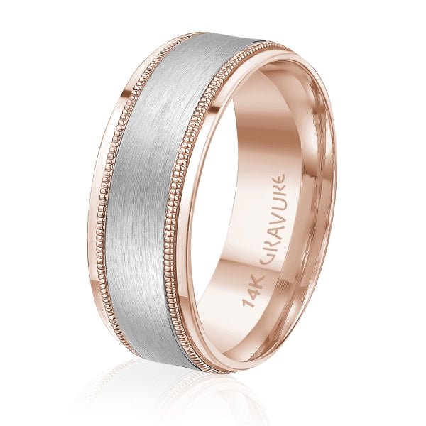 Men's 10K Gold Two - Tone Satin Finish Milgrain Border Band - Gold Bands with Designs - Design Jewellers Edmonton