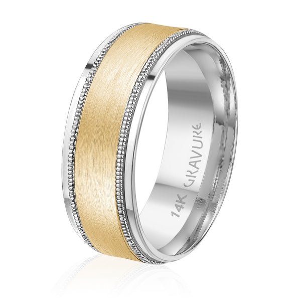 Men's 10K Gold Two - Tone Satin Finish Milgrain Border Band - Gold Bands with Designs - Design Jewellers Edmonton
