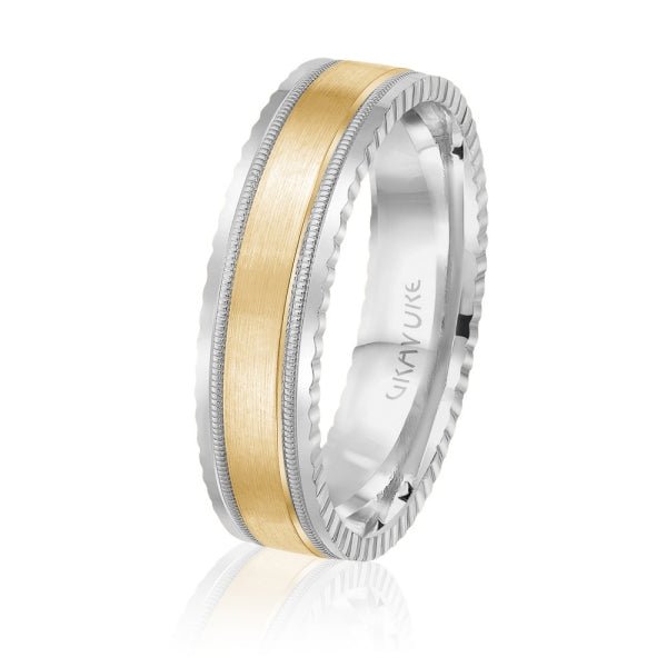 Men's 10K Gold Two - Tone Satin Finish Milgrain & Ridged Edge Band - Gold Bands with Designs - Design Jewellers Edmonton