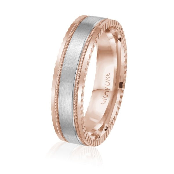 Men's 10K Gold Two - Tone Satin Finish Milgrain & Ridged Edge Band - Gold Bands with Designs - Design Jewellers Edmonton