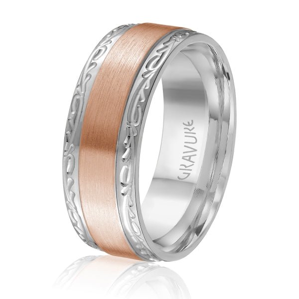 Men's 10K Gold Two - Tone Satin Finish Scroll Edge Band - Gold Bands with Designs - Design Jewellers Edmonton