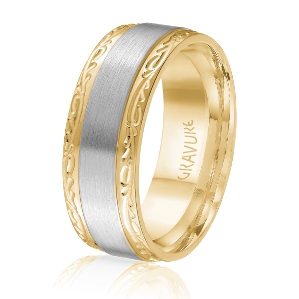 Men's 10K Gold Two - Tone Satin Finish Scroll Edge Band - Gold Bands with Designs - Design Jewellers Edmonton