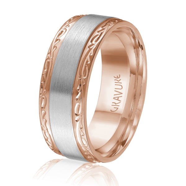 Men's 10K Gold Two - Tone Satin Finish Scroll Edge Band - Gold Bands with Designs - Design Jewellers Edmonton