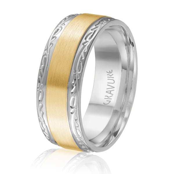 Men's 10K Gold Two - Tone Satin Finish Scroll Edge Band - Gold Bands with Designs - Design Jewellers Edmonton