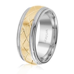 Men's 10K White Gold Criss - cross Engraved Customizable Satin Finish Inlay Band - Gold Bands with Designs - Design Jewellers Edmonton