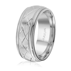 Men's 10K White Gold Criss - cross Engraved Customizable Satin Finish Inlay Band - Gold Bands with Designs - Design Jewellers Edmonton
