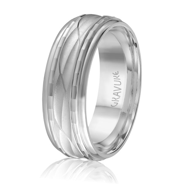 Men's 10K White Gold Customizable Inlay Band Wave Design - Gold Bands with Designs - Design Jewellers Edmonton