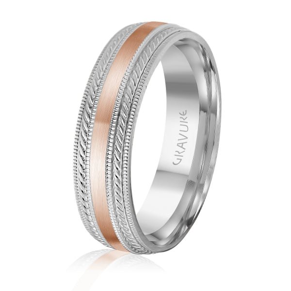 Men's 10K White Gold Two - Tone Satin Inlay Band - Gold Bands with Designs - Design Jewellers Edmonton