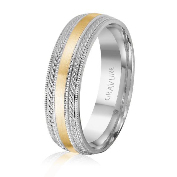 Men's 10K White Gold Two - Tone Satin Inlay Band - Gold Bands with Designs - Design Jewellers Edmonton