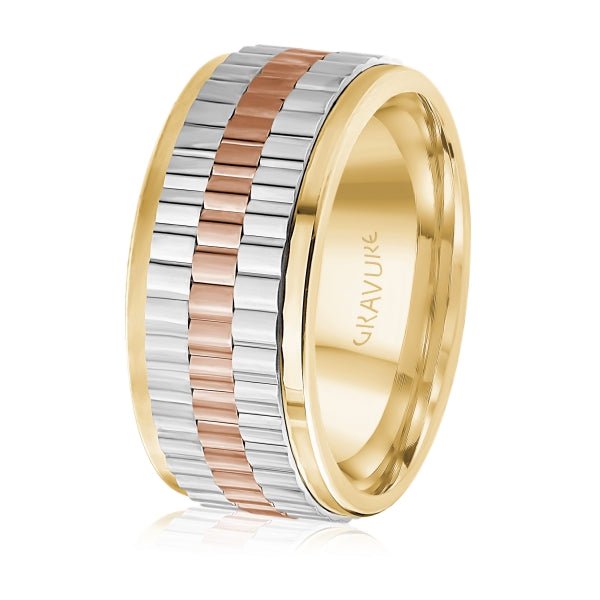 Men's 10K Yellow, White & Rose Gold Fluted Multi-Band