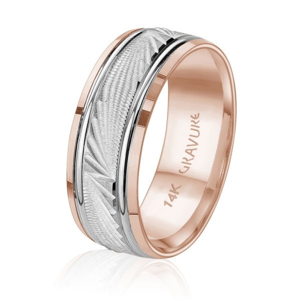Men's 14K Gold Two - Tone Textured Inlay Band - Gold Bands with Designs - Design Jewellers Edmonton