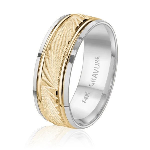 Men's 14K Gold Two - Tone Textured Inlay Band - Gold Bands with Designs - Design Jewellers Edmonton
